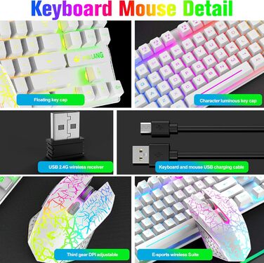 Механічна ігрова клавіатура та миша Combo з підсвічуванням Rainbow, 87 клавіш, 2.4G, USB, 2400DPI, з підсвічуванням RGB, з килимком для миші (чорний)