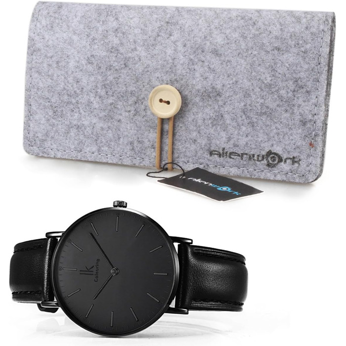 Годинник наручний Alienwork IK Slim Ø36mm – ультратонкий, чорний, з шкіряним ремінцем (для чоловіків та жінок)