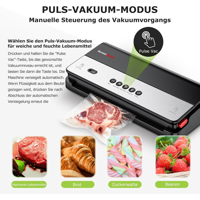 Вакуумний пакувальник Bonsenkitchen для сухих та вологих продуктів з вбудованим різаком, 1 рулон фольги, 50 професійних фольгованих пакетів чорного кольору