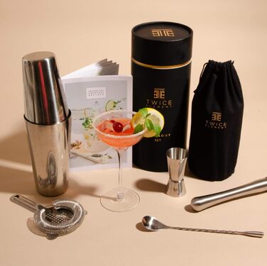 Cocktail Shaker Set - Stainless Steel Shaker in Boston Style | Rich Accessories for Easy Handling | Bonus Recipe Book, Elegant Gift Box & Storage Bag (Black)