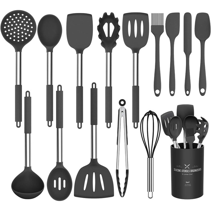 Набір кухонного посуду Umite Chef 15 предметів, силіконовий, термостійкий, антипригарний, без BPA, з нержавіючою ручкою – лопатка, ложка, щипці, вінчик