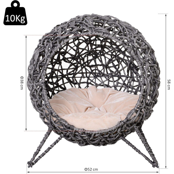 PawHut Rattan Cat House with Cushion, Cat Sleeping Place, Cat Cave with Raised Feet, Natural Ø52 x 58 cm (Silver Grey)
