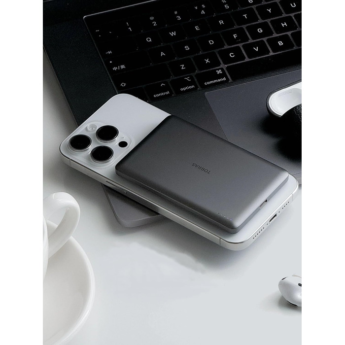 Powerbank TORRAS MiniMag Ultra Slim для iPhone 17 Pro Max, 5000mAh, MagSafe, USB-C, бездротова, сірий титан