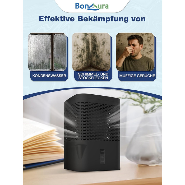BonAura® Безструменевий осушувач повітря до 23 м² | 360° вентиляція | Осушувач для дому з виливом та 5 x 680 г гранул | Захист від плісняви та неприємних запахів | Осушувач повітря для квартири (Airone Black + 5 X гранул)