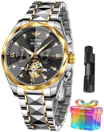 Чоловічий наручний годинник OLEVS G3316: аналоговий, водонепроникний, зі сталевим двоколірним ремінцем, чорним циферблатом, підсвічуванням та календарем