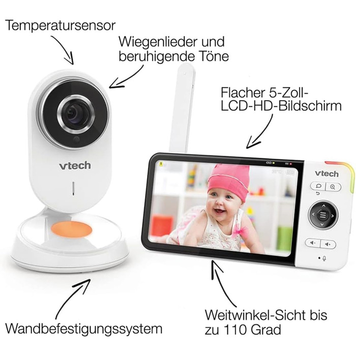 Vtech VM901-1W WiFi камера, дитячий відеомонітор з 5-дюймовим HD-дисплеєм, поворотна камера 1080P, мобільний додаток, широкий кут огляду 120°, сумісність з iOS та Android