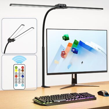 LED лампа для столу з двома головками, регульована яскравість, з пультом дистанційного керування, захист очей, для офісу та дому, денне світло, чорний
