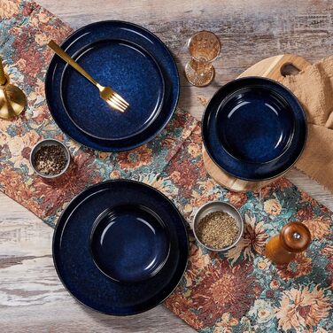 Набір посуду HaWare на 6 осіб, 18 предметів: тарілки з реактивної глазурі, комплект посуду для сервірування столу (Edelblau)