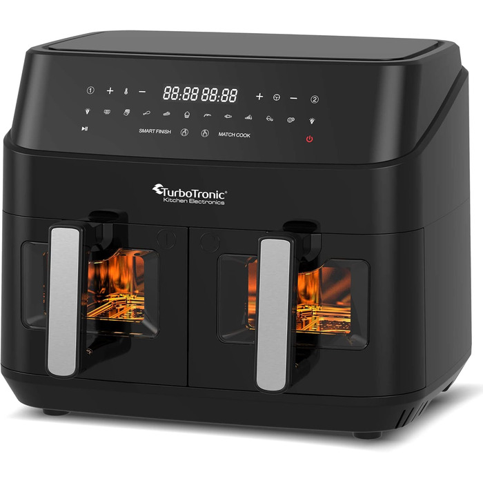 TurboTronic подвійна аерофритюрниця XXL 1600 Вт, 9 л (2×4,5 л), 10 програм, цифрова, без олії, сіра