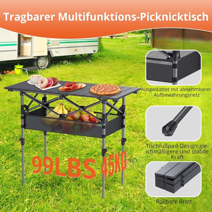 Складаний туристичний стіл FUNYKICH 82x40 см з регулюванням висоти (44/70 см), з сітчастою кишенею, для пікніка, кемпінгу, BBQ, саду