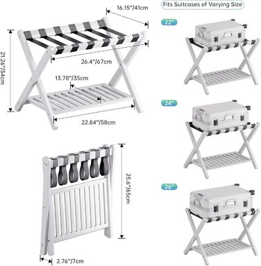 SMIBUY Luggage Rack, Folding Bamboo Suitcase Stand with Storage Shelves for Guest Room, Bedroom, Hotel, Heavy Duty (White)