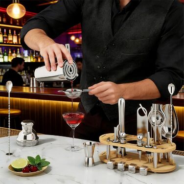 Набір для коктейлів 700 мл, 25 предметів: професійний шейкер, барменський набір з нержавіючої сталі, дерев'яна підставка для приготування напоїв
