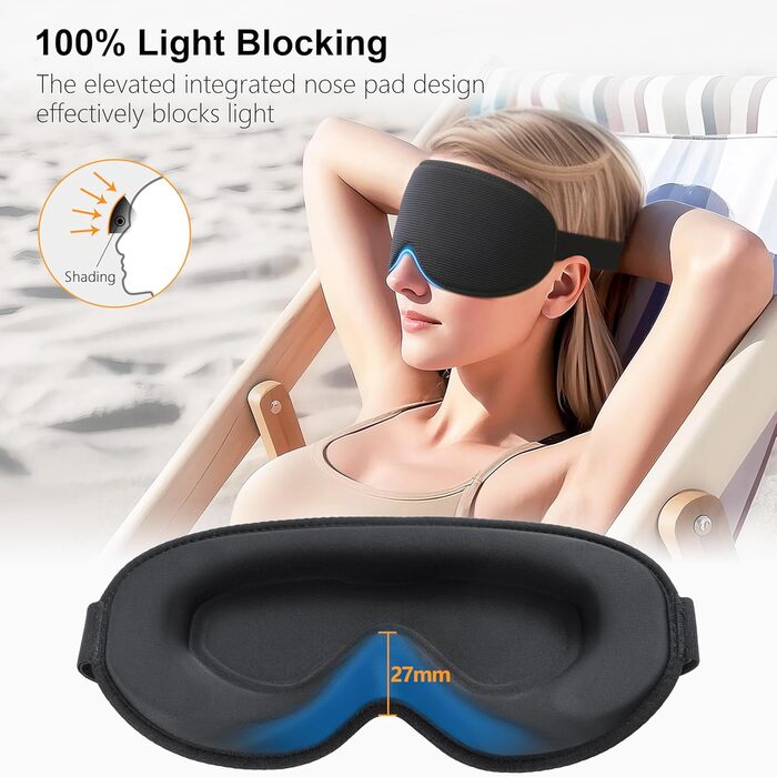 Маска для сну Gritin для тих, хто спить на боці, 3D-конструкція, регульована, світлонепроникна та дихаюча, для чоловіків та жінок, для подорожей та сну - чорна