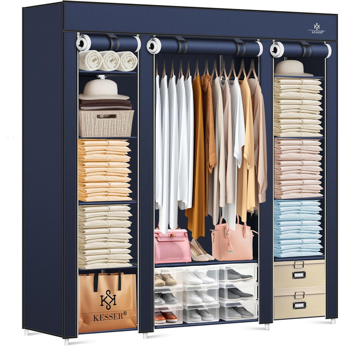 KESSER® Wardrobe Clothes Closet Stable with Clothes Rail & Shelves, Incl. 5x Clothes Hangers, Fabric Folding Closet for Bedroom, Dressing Room Wardrobe with Clothes Rack 150x45x175cm (Navy Blue)