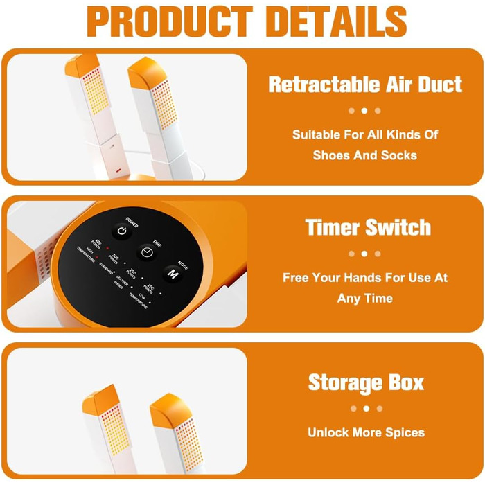 Електричний сушильник для взуття та рукавичок: телескопічний, з таймером, для взуття, черевиків, гірськолижних черевиків (помаранчевий)