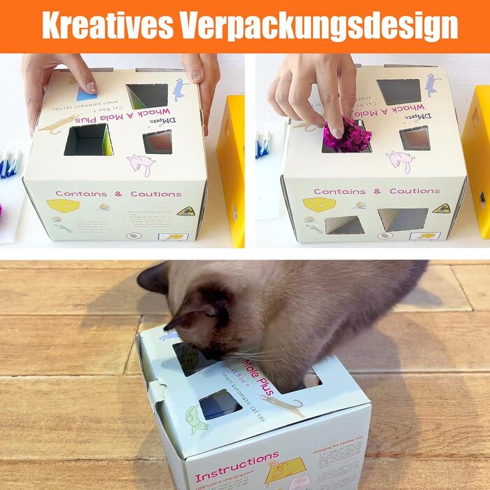 Migipaws Cat Toy, Interactive Electric 12-Hole Mouse Whack-A-Mole, Upgraded Smart Toy, 3 Feathers and 3 Ribbons, Fun Cardboard Design, USB Rechargeable