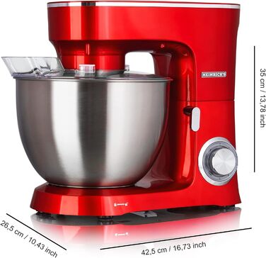 Кухонна машина Heinrichs 2500W з подвійним гаком для тіста, міксером та вінчиком, 8 швидкостей, чаша 8л з нержавіючої сталі, тиха, червона