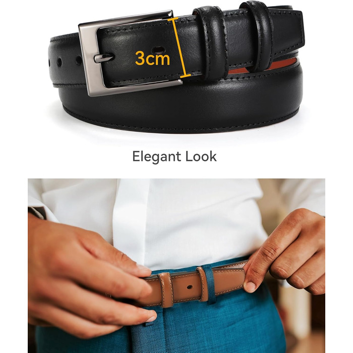Чоловічий шкіряний ремінь CHAOREN 3см для бізнесу та формальних заходів, ремінь до костюма, чорний, розмір EU 48 (95см)