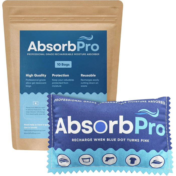 Absorb Pro Rechargeable Moisture Absorber Bags, 10 Pack, 100g, Reusable Moisture Absorbers, Silica Gel Packets for Trash Cans, Gym Bags, Gun Safes, Food Storage