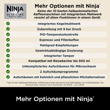 Ninja Luxe Essential кавомашина 2-в-1 з вбудованим млином та капучинатором для лате, капучино та еспресо, срібна, ES501EU