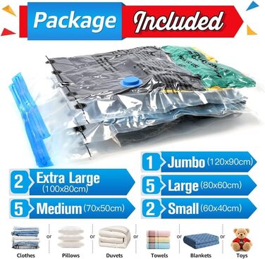 BoxLegend Vacuum Bags, 15-Piece Storage Bags, Travel Bags, Thicker Vacuum Clothes Bags 1XXL+2XL+5L+5M+2S Reusable for Clothing, Comforters, Bedding, Pillows, Wool Blankets, Curtains