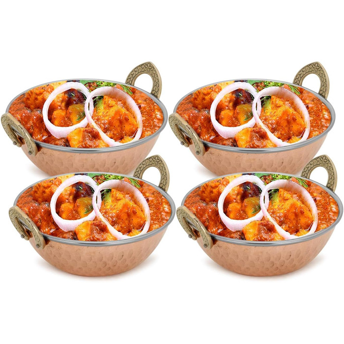 Zap Impex Traditional Indian Serving Bowl Copper Stainless Steel Hammered Karahi Indian Dishes and Portion Curry Serving Dishware for Household and Kitchen (15 cm) 400 ml 4-Piece Set