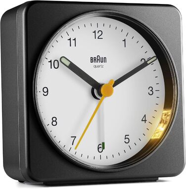 Braun Classic Analog Alarm Clock with Snooze Function and Light, Silent Quartz Movement, Crescendo Alarm, Black and White Model BC03BW.