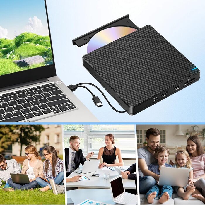 Зовнішній DVD-привід USB-C CD/DVD гравер та плеєр для MacBook, ноутбуків та ПК (Windows 11) з 2 USB-портами та SD/TF слотом, чорний