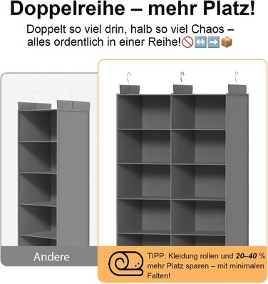 Організатор для шафи з 6 полицями, сірий - для одягу, з металевими гачками, компактний, для спальні, гуртожитку