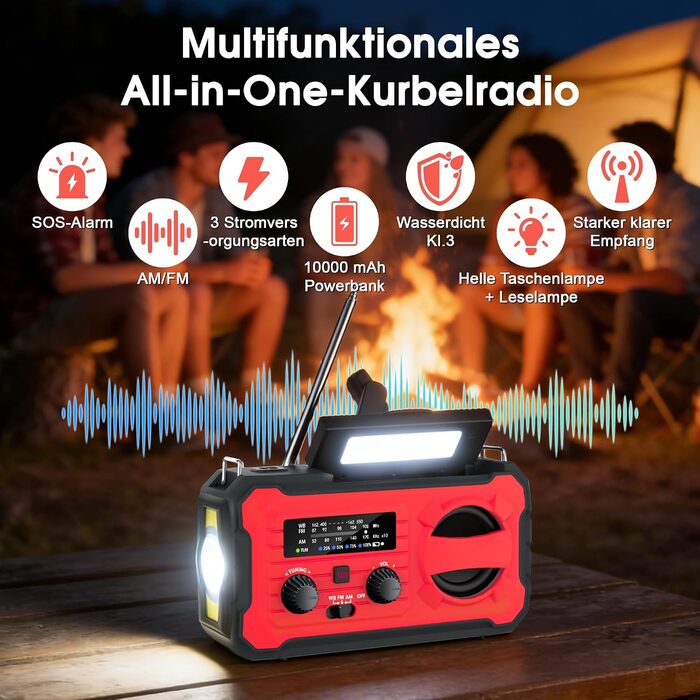 Радіо FIVAVA на сонячних батареях з ручним генератором, Powerbank 10000mAh, AM/FM, SOS-сигнал, LED-ліхтарик для кемпінгу та надзвичайних ситуацій (Червоний)