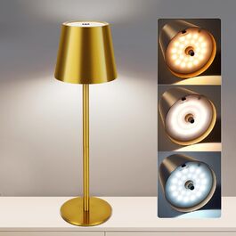 Світлодіодна настільна лампа бездротова з сенсорним керуванням, USB-C, димування, акумуляторна, 3 режими світла, регульована висота, IP54 водонепроникна, золота. Для ресторану, спальні, бару, вулиці