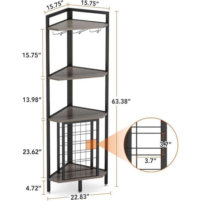 Tribesigns Wine Rack Freestanding Floor, 4-Tier Corner Wine Rack with Glass Holder & Wine Storage, Industrial Wine Rack Wine Bar Cabinet for Bar, Kitchen, Dining Room, Grey