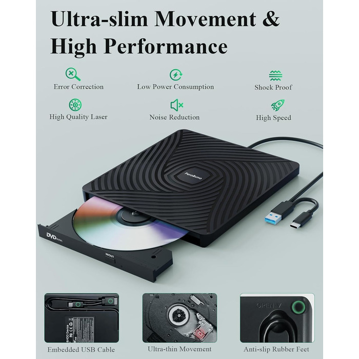Зовнішній DVD-накопичувач PeroBuno USB 3.0 Type-C, CD ROM +/-RW оптичний привід, ультратонкий DVD-записувач та плеєр для ноутбука, PC, MacBook (Windows, Linux, macOS)