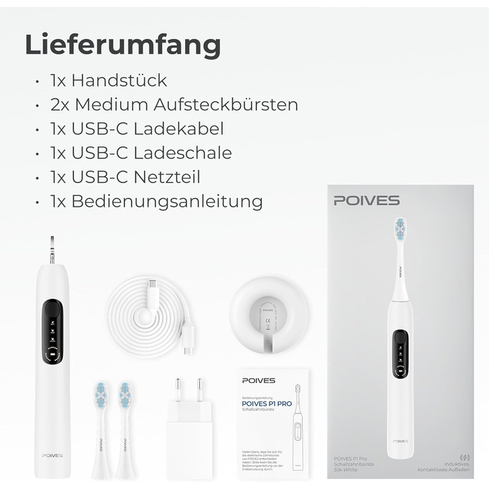 Електрична зубна щітка POIVES P1 Pro з датчиком тиску, 72000 рухів, гарантія до 4 років, 111 днів без ризику, довга тривалість роботи акумулятора, колір Midnight Blue (P1 Pro Silk White)