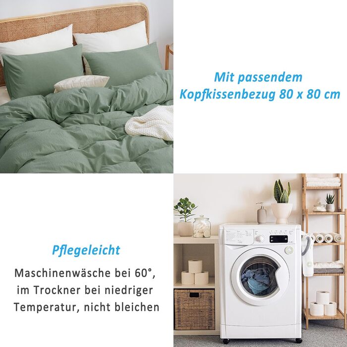 ATsense Bedding 135x200 cm Cotton 4-Piece, Bedding Sets Green ÖkoTex Certified with Linen-like Feel, Breathable, 2 Duvet Covers and 2 Pillowcases 80x80 cm 135 x 200 cm [4-Piece] Green