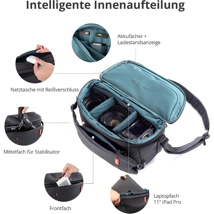 PGYTECH OneMo Sling Camera Bag 7L-9L: Водонепроникна фотосумка на плече для Sony, Canon, Nikon, DJI Mini 4 Pro, Avata 2, Mavic, зі штативом та ноутбуком, чорна