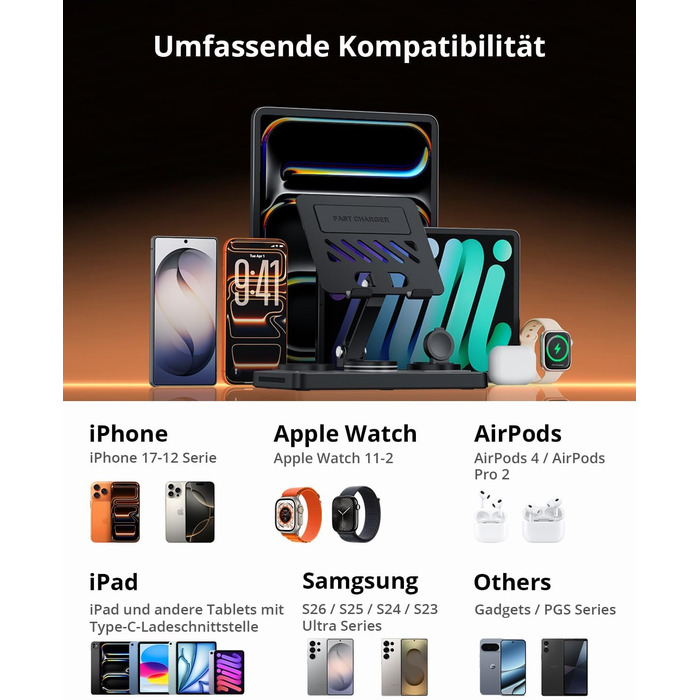 Зарядна станція GEEKERA 4-в-1 для Apple: магнітне індуктивне зарядне для iPhone, iPad, Apple Watch та AirPods, вбудований кабель, металевий чорний