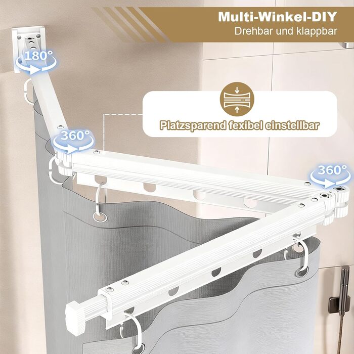 Шторка для душу з розсувною штангою без свердління, 4 секції, обертається, алюмінієвий сплав, 180x200 см, водовідштовхувальна, антигрибкова, для ванни/душової кабіни, білий/сірий (H9 x B37.5 см, 1 шт.)