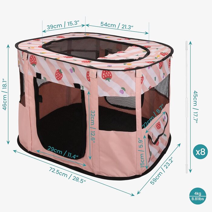 Складаний вольєр для тварин Belle Vous Pink - для собак та котів, знімний дах, для дому та вулиці