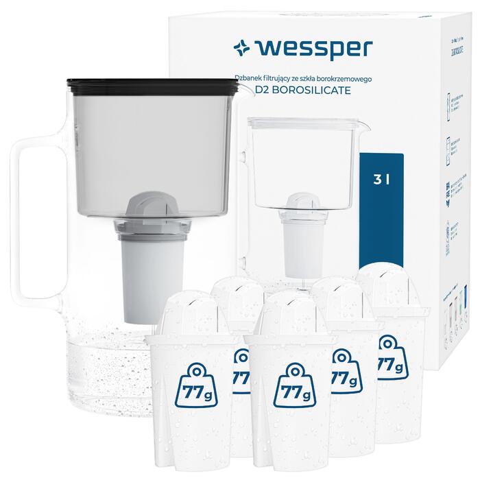 Скляний фільтр-кувшин Wessper D2 BOROSILICATE 3л, чорний + 6 фільтрів