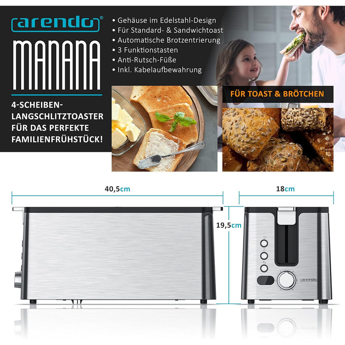 Тостер Arendo з нержавіючої сталі, 4 слоти, підігрів, підставка для бургерів, 1400 Вт, лоток для крихт, дисплей з таймером, сріблястий