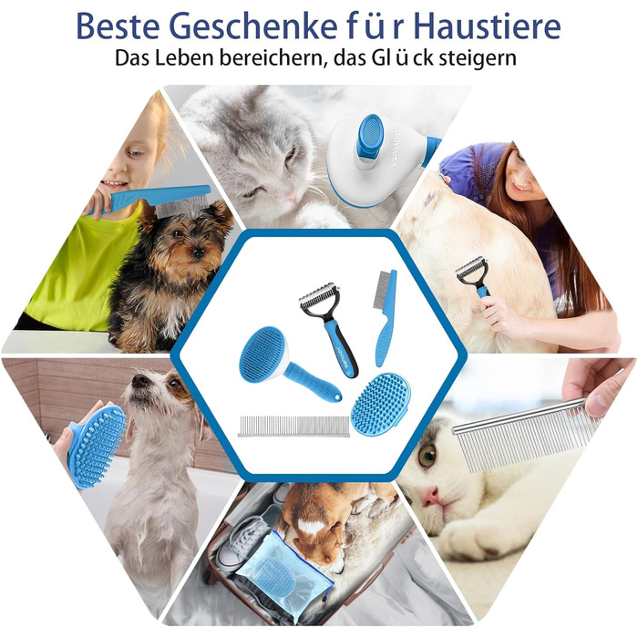 Набір щіток для собак, 5 шт. для грумінгу, самоочищувані, для великих та середніх собак, котів та дрібних тварин, для довгої та короткої шерсті, зменшує випадання шерсті, блакитний