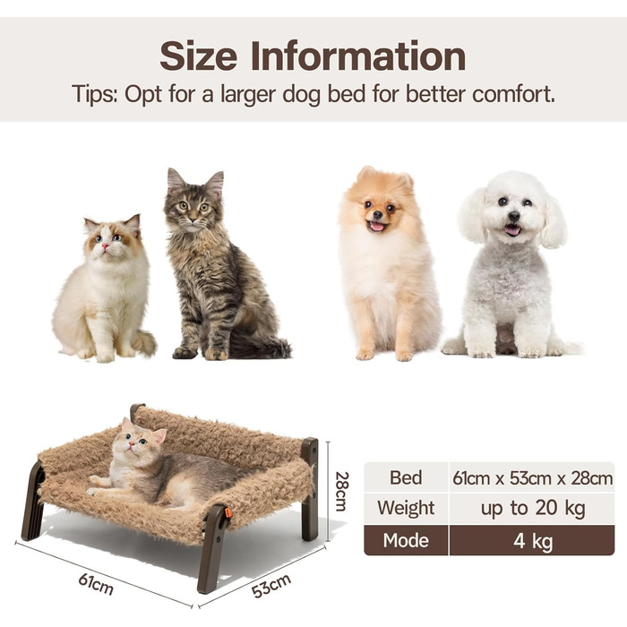 MEWOOFUN Dog Sofa Dog Bed Elevated - Dog Beds for Small and Medium Dogs with Non-Slip Bottom, Breathable Puppy Bed with Removable Cushion, Cat Sofa 61 x 53 x 28 cm, Brown