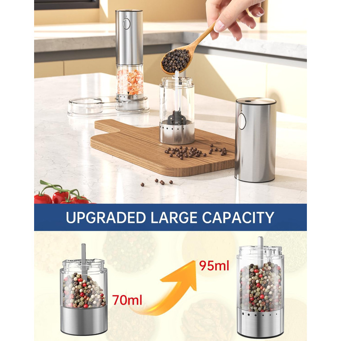 Електричні соляні та перечні млини CIRCLE JOY з нержавіючої сталі з підставкою, 95 мл, біле LED-підсвічування, регульована ступінь помелу, срібний колір