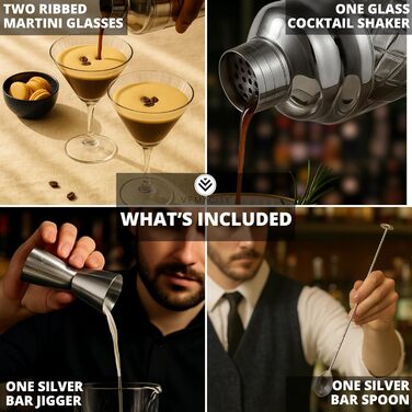 Набір для коктейлів Vemacity: шейкер (500 мл) + 2 келихи Espresso Martini з золотим бордюром, барна ложка та джиггер | Набір бармена | Келихи та шейкер для коктейлів | Ідеальний подарунок на Різдво та Новий рік | Золотий шейкер та класичні келихи Мартіні
