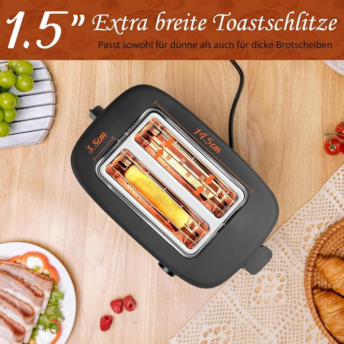 Тостер Aigostar Energy з 2 слотами для тостів, підставка для булочок, 6 рівнів підсмажування, функції відключення, розморожування та підігріву, знімний піддон для крихт, 800W, чорний