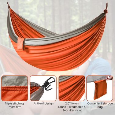 Гамак подвійний XXL 300x200 см: складаний, ультралегкий, для кемпінгу, саду, подорожей (помаранчевий)