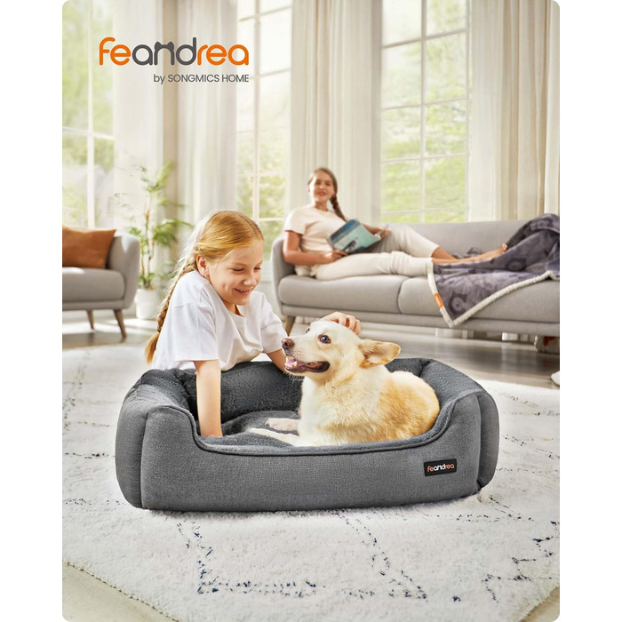 Ліжко для собак Feandrea, м'який лежак для собак з льоновим покриттям, кошик для собак, підняті бортики, неслизьке дно, знімний та пральний чохол, L, для середніх собак, 90 x 75 x 25 см, світло-сірий
