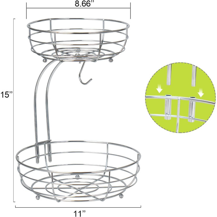 Металева фруктова корзина Bomclap з підставкою для бананів - 2 яруси. Сучасна фруктова корзина для кухні. Декоративна корзина для овочів та фруктів (срібна)