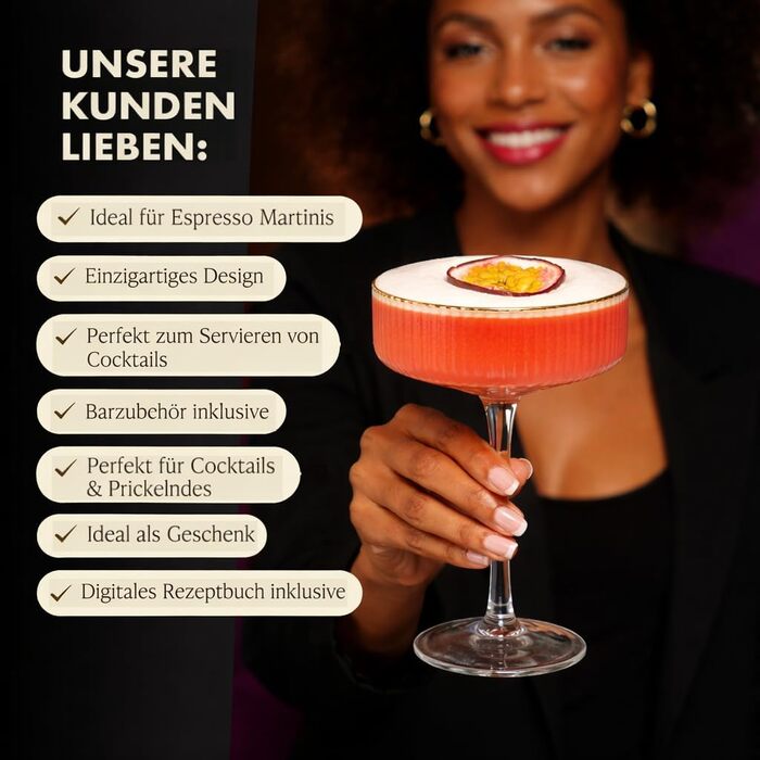 Набір з 4 елегантних келихів для Еспресо Мартіні Vemacity | Ручна робота | Келихи для шампанського, Маргарити та коктейлів | Преміум якість